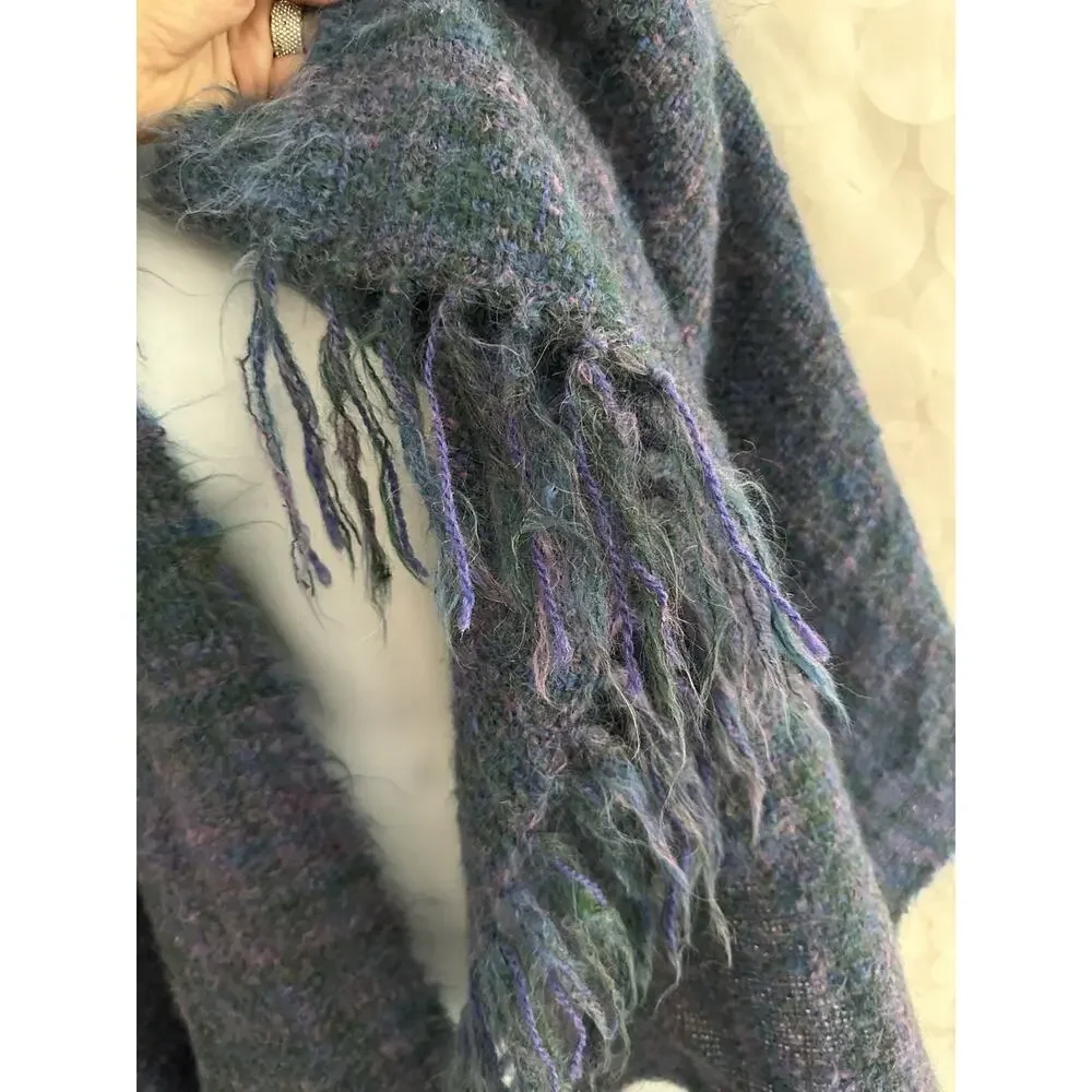 Vintage Wool & Mohair Pashmina Scarf Wrap Purple Blue Green Fringe Boho 25 X 68”